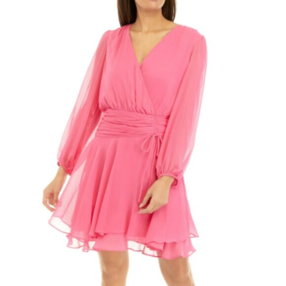 Maison Tara Women's Long Sleeve Chiffon Surplice Solid Fit and Flare Dress - 12 - Picture 1 of 10